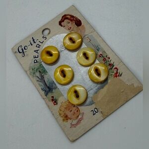 Original Dainty Vintage Go It Pearls Buttons Yellow Marbled On Card Mid Century